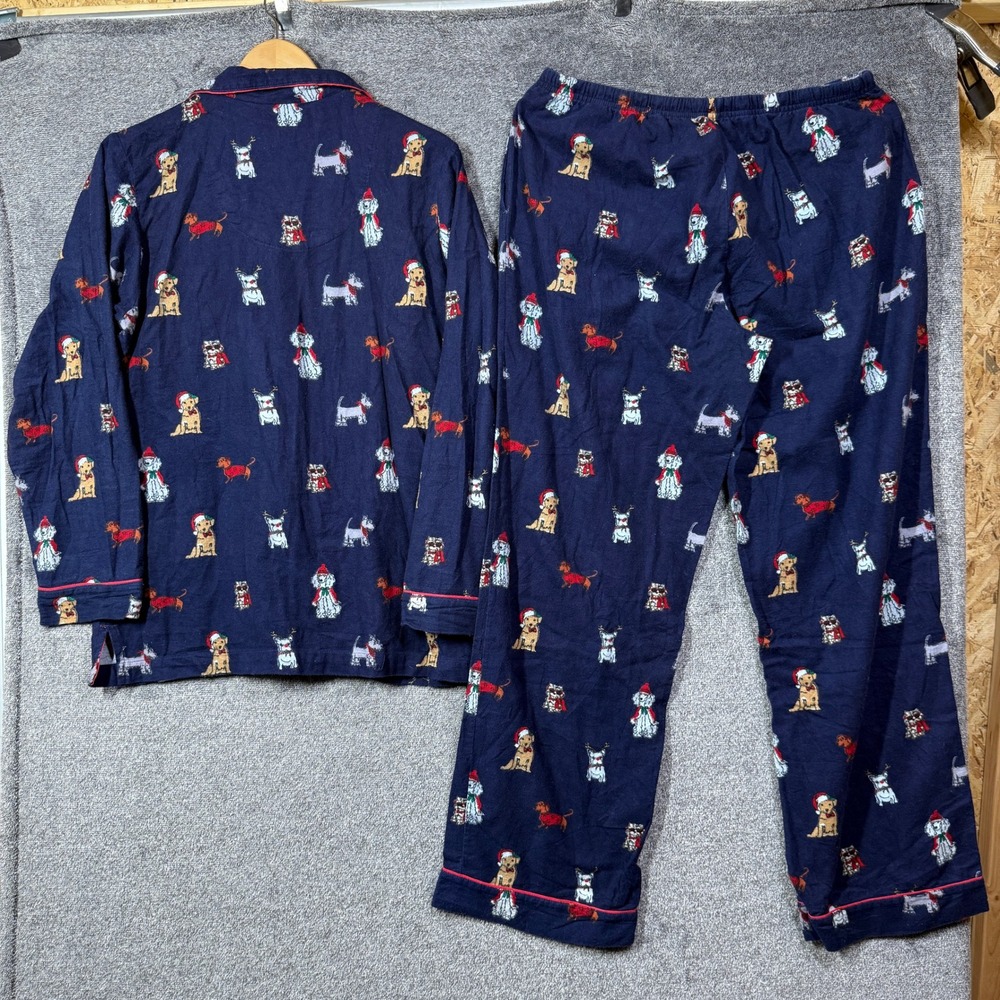 PajamaGram Pajama Set Womens Medium Christmas Dog Navy Blue Cotton Flannel - Picture 4 of 10